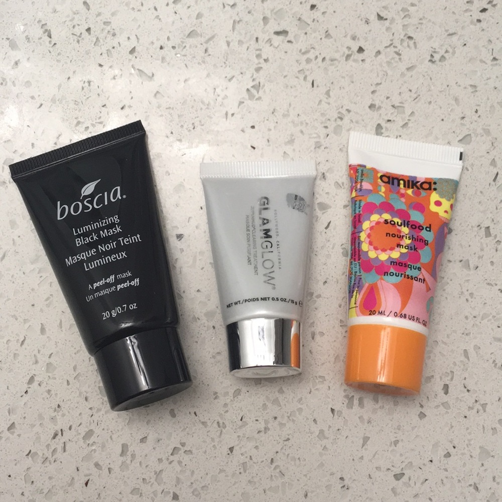 Sample trio of masks by Amika, Boscia, GlamGlow